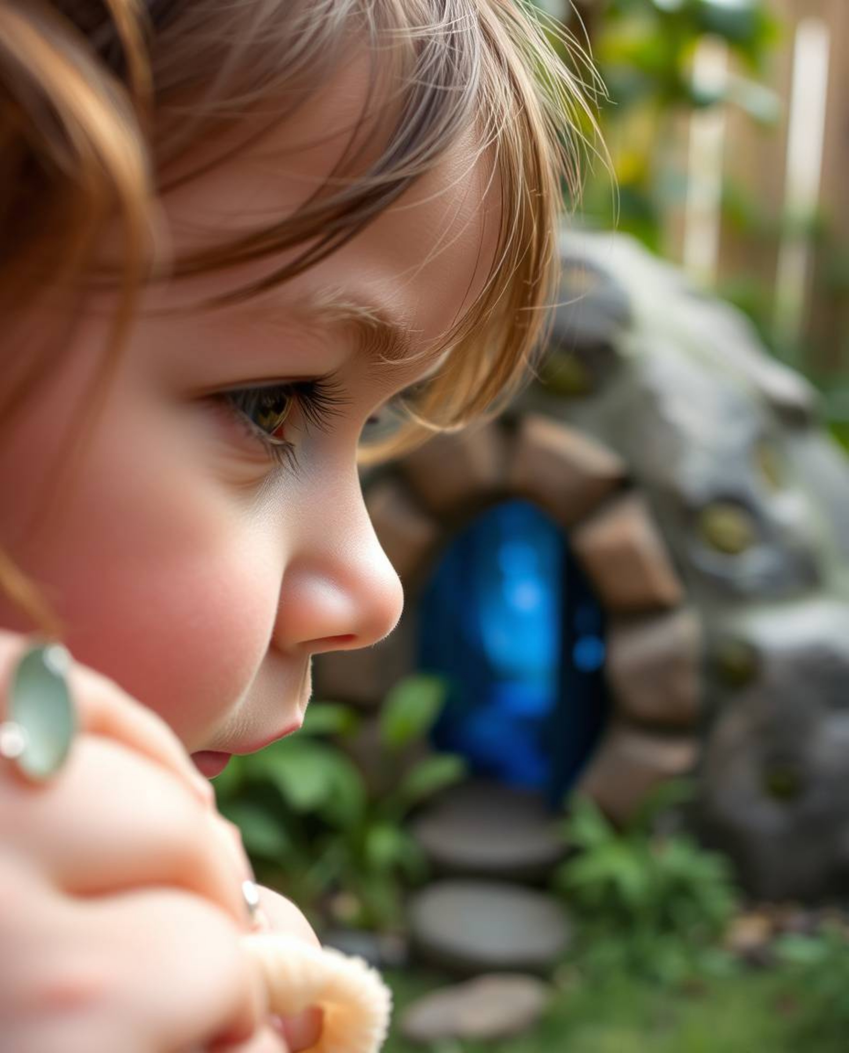 A captivating close-up reveals a child's awe-struck expression as they stumble upon a hidden, magical portal nestled within t