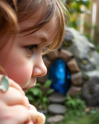 A captivating close-up reveals a child's awe-struck expression as they stumble upon a hidden, magical portal nestled within t