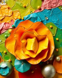 Explore captivating 3D art featuring bright, vibrant colors on layered papier-mâché and smooth, fluid shapes with metallic te