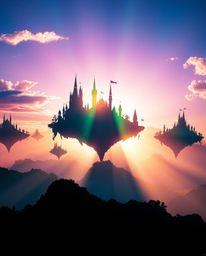 Discover a breathtaking cinematic silhouette of a colorful kingdom, featuring majestic floating islands and castles bathed in