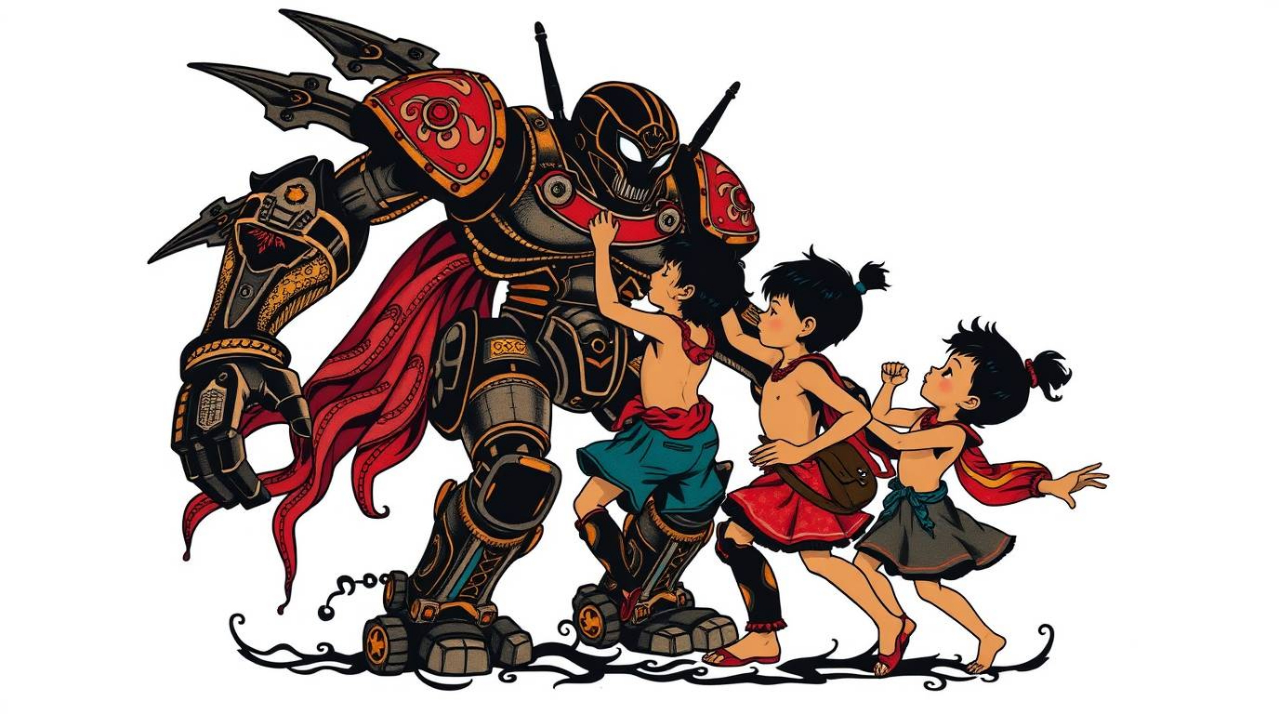 A captivating retro-style tattoo art print showcases three superpowered children battling a formidable robot.  Silhouetted ag