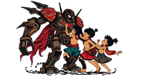 A captivating retro-style tattoo art print showcases three superpowered children battling a formidable robot.  Silhouetted ag