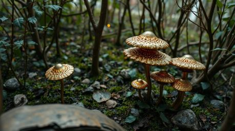 Experience a captivating high-angle perspective photograph of a vintage-style enchanted forest, where glowing mushrooms are c