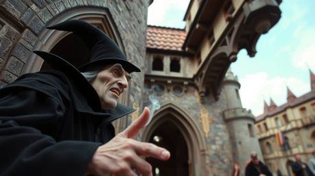 Capture a spontaneous, candid moment with a high-angle street photograph of a classic Disney villain casting a spell within t