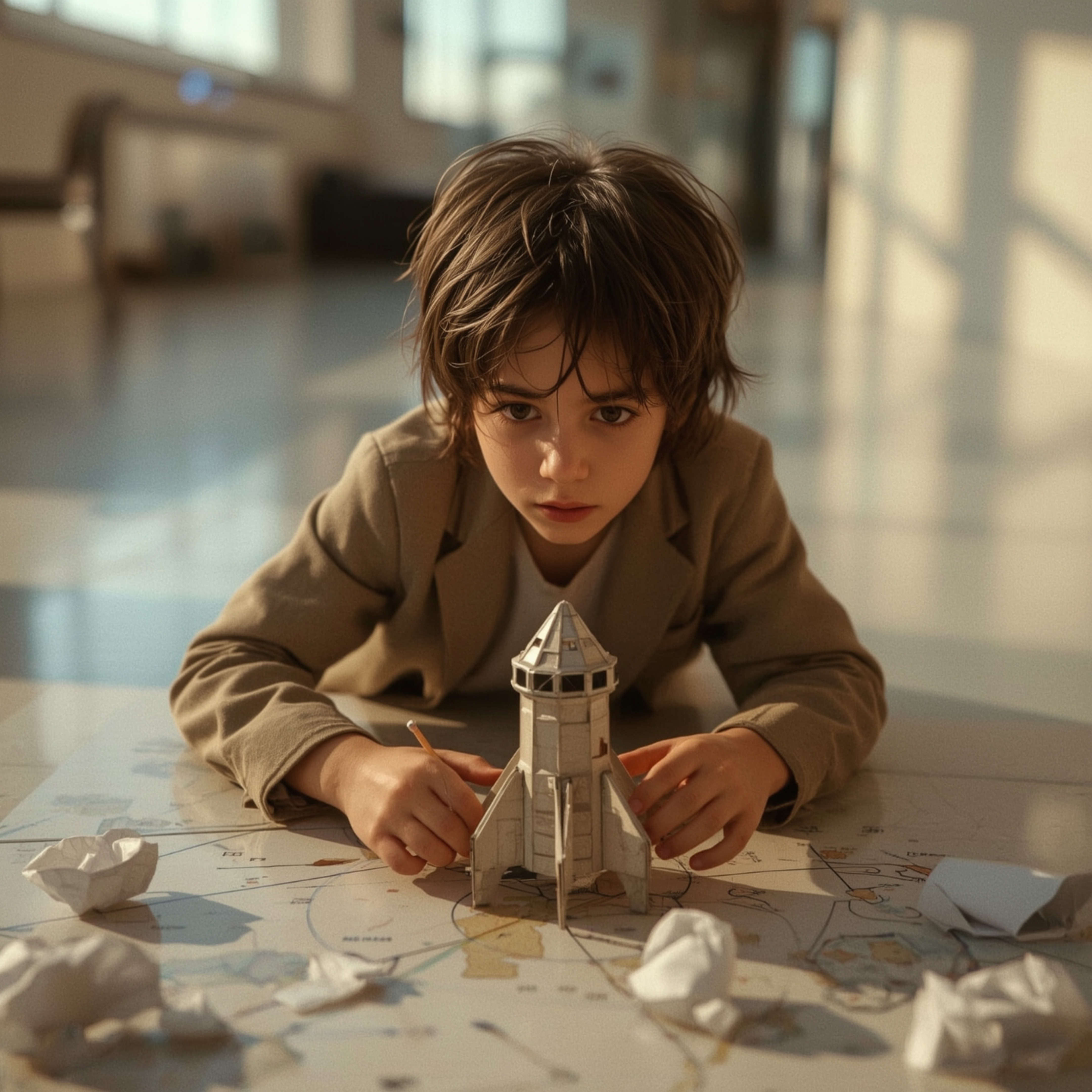Exquisite high fashion photography captures a young boy with messy brown hair and bright, curious eyes deeply engrossed in bu