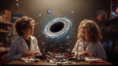 a cinematic, high-contrast photograph of two excited science fair participants, a boy with messy brown hair and glasses, and 