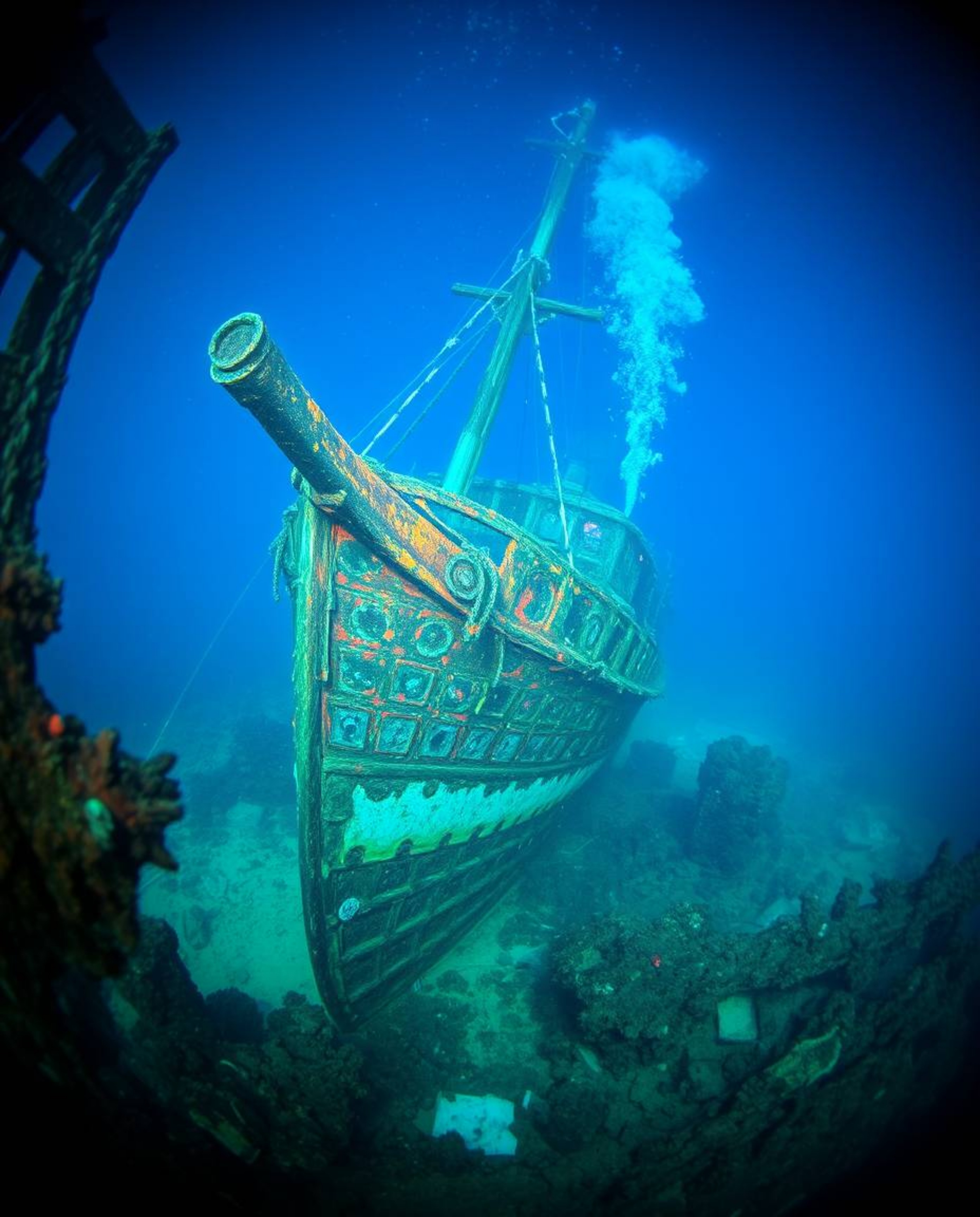 A captivating close-up reveals a vibrant underwater shipwreck, bathed in electric hues. This stunning image, perfect for Inst