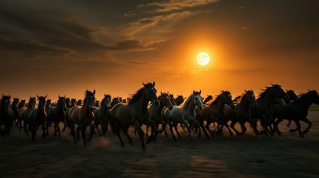 A captivating long-exposure photograph depicts a herd of wild horses running freely under a vibrant, glowing sky. The dark to