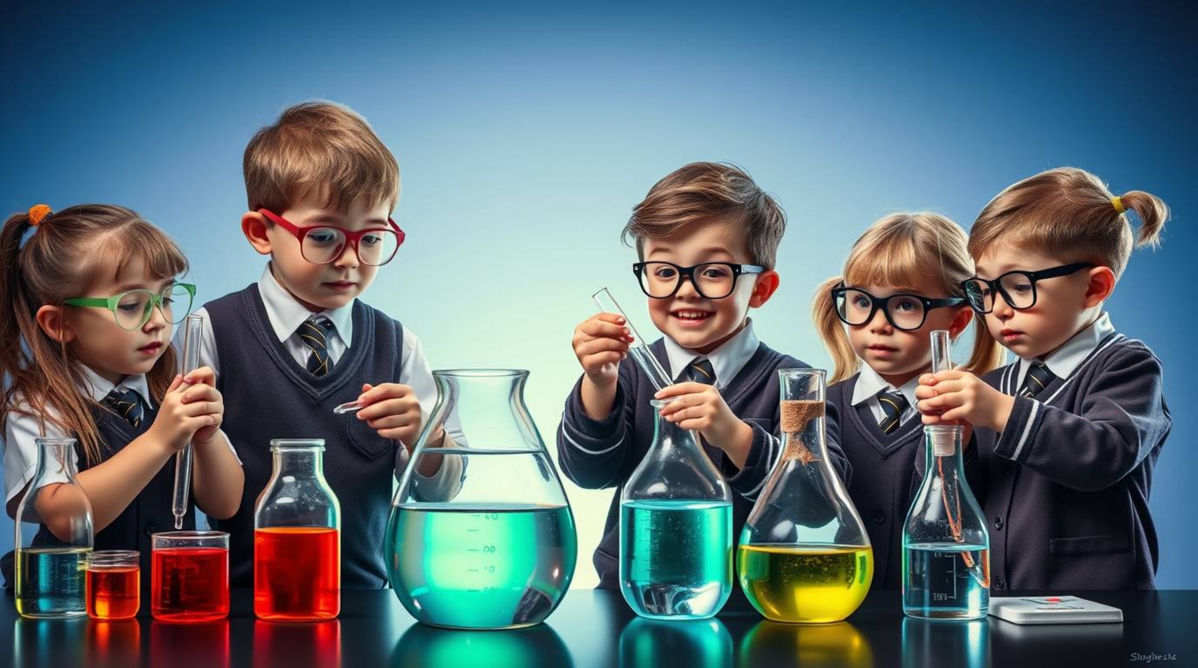 This high-resolution stock photo captures a group of quirky children in school uniforms conducting exciting science experimen