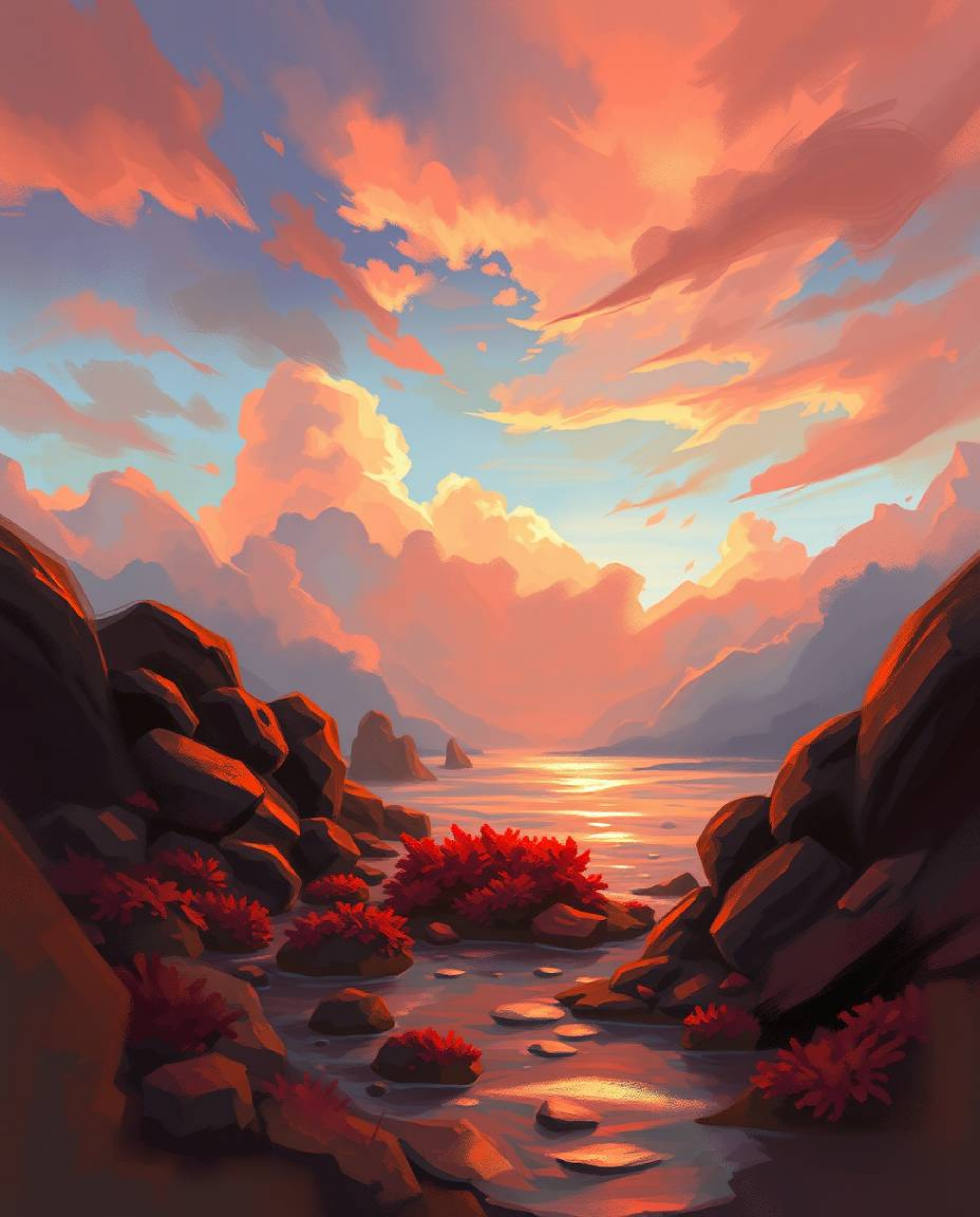 A digital sketch in a painterly style with loose strokes depicts a colorful sky over a coral reef at low tide. This fantasy s