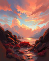 A digital sketch in a painterly style with loose strokes depicts a colorful sky over a coral reef at low tide. This fantasy s