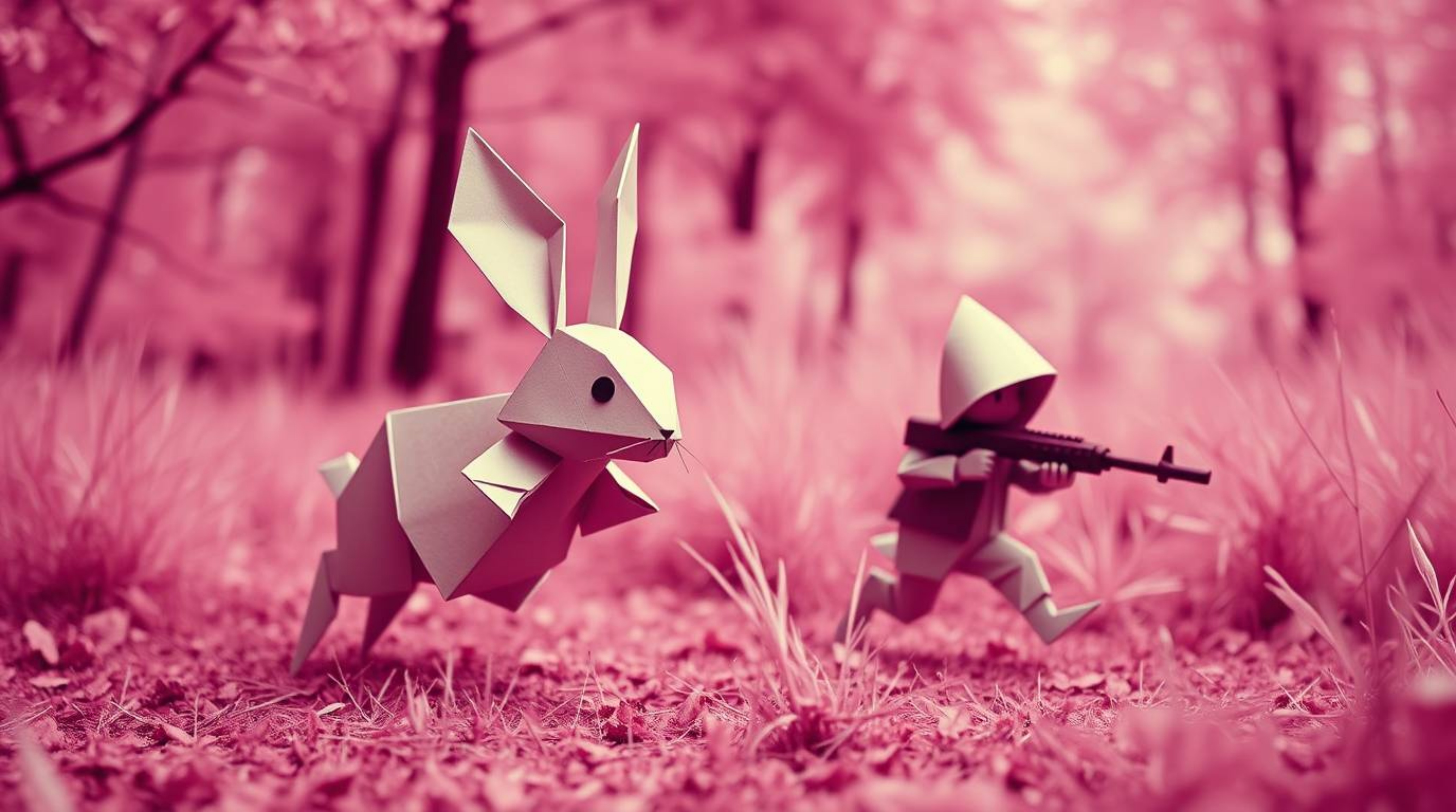 A surreal image in infrared tones depicts an adorable and charming origami-style wacky rabbit, rendered with geometric precis