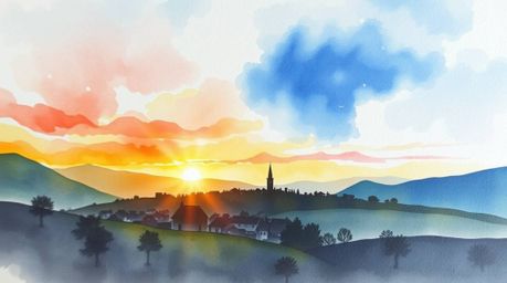 A delicate watercolor painting depicts a cozy village nestled in a valley, bathed in the warm glow of a colorful sunset.  The