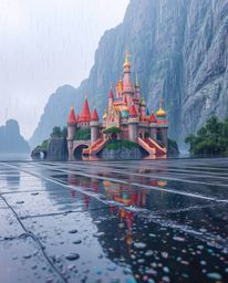 Discover a vibrant, whimsical kingdom where iridescent colors dance on wet, reflective surfaces. Drizzling rain adds to the
