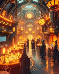 Immerse yourself in a captivating futuristic sci-fi illustration of a magical school, brimming with young wizards and bathed 