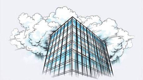 A dynamic color sketchnote depicts a modern glass building dissolving into the sky, its structure seamlessly blending with so