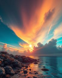 Epic and amazing lens glow lighting illuminates a modern, futuristic, grand scene depicting a colorful sky over a coral reef 