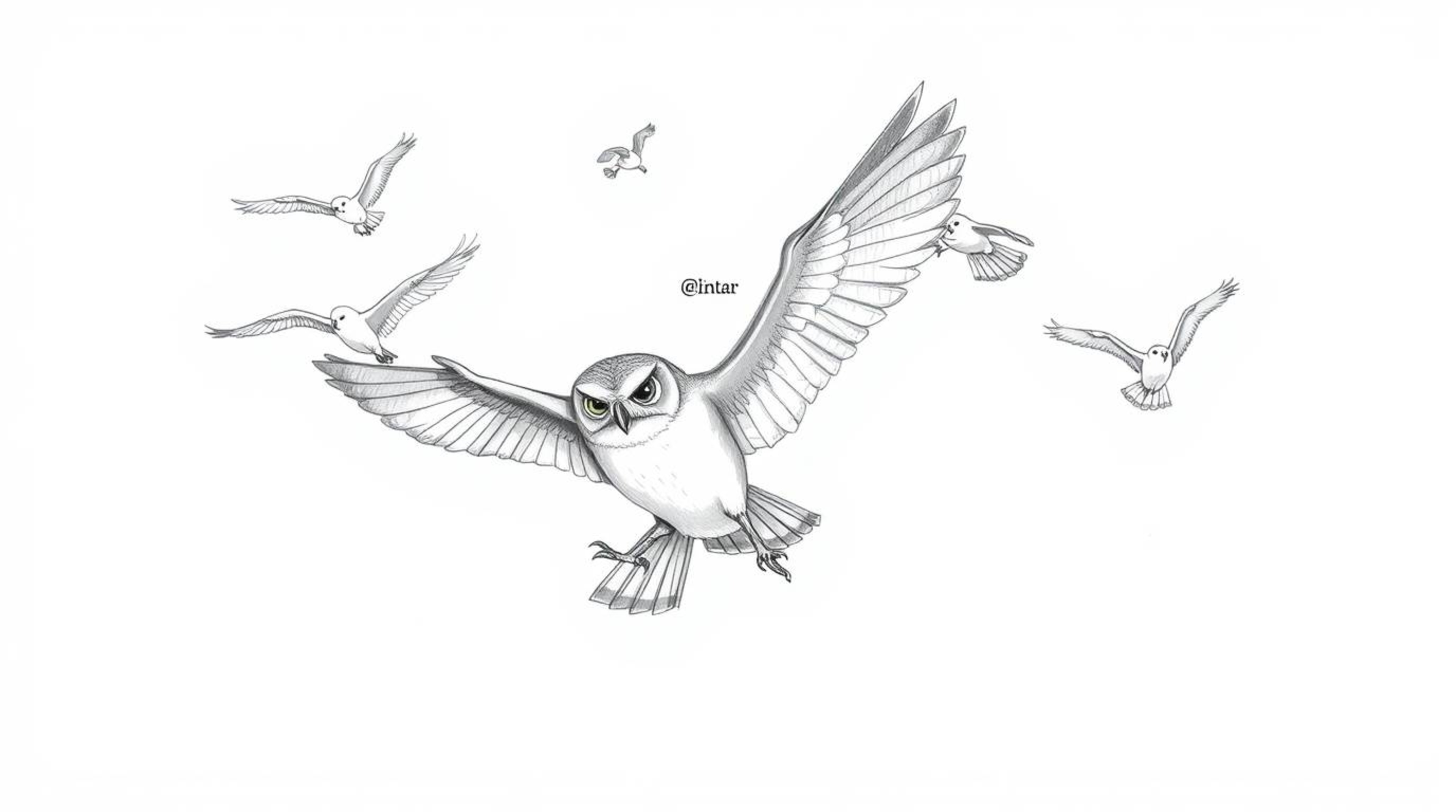 A Pixar-style hand-drawn sketch depicting a blind owl subtly leading a flock of birds in a synchronized aerial dance. The art