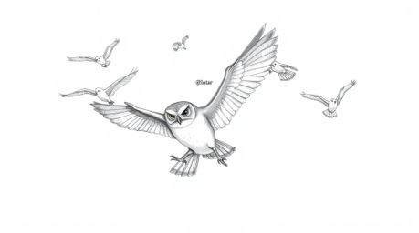 A Pixar-style hand-drawn sketch depicting a blind owl subtly leading a flock of birds in a synchronized aerial dance. The art