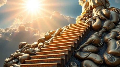A captivating bronze sculpture depicts a golden staircase ascending through ethereal clouds towards a radiant heaven. Sunligh