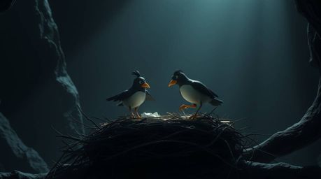 Experience a modern and futuristic grand epic scene showcasing two cartoon birds diligently constructing a nest in a classic