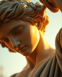 A digitally corrupted classical sculpture is captured in a tight close-up shot, illuminated by the warm, golden hour light. T