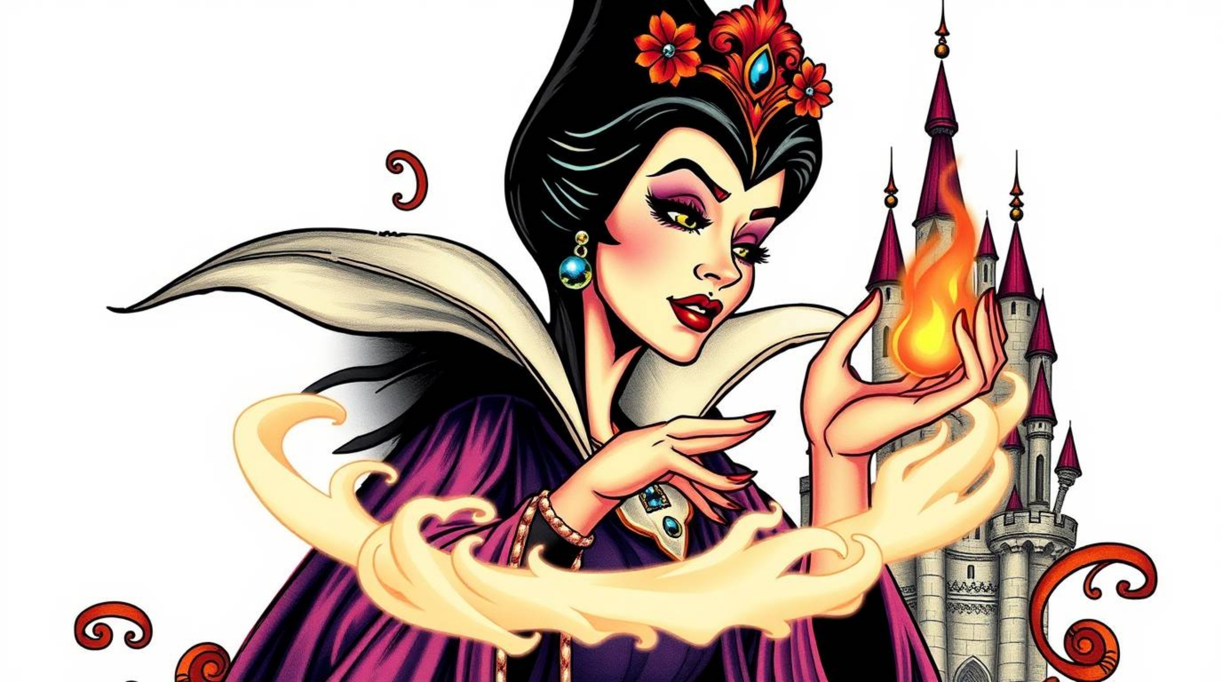 A vibrant, traditional tattoo art print depicting a classic Disney villain gracefully casting a spell within a detailed castl
