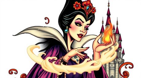 A vibrant, traditional tattoo art print depicting a classic Disney villain gracefully casting a spell within a detailed castl