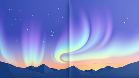 A charming origami-style illustration depicts the Northern Lights gracefully emerging over a vibrant sunset sky.  The adorabl