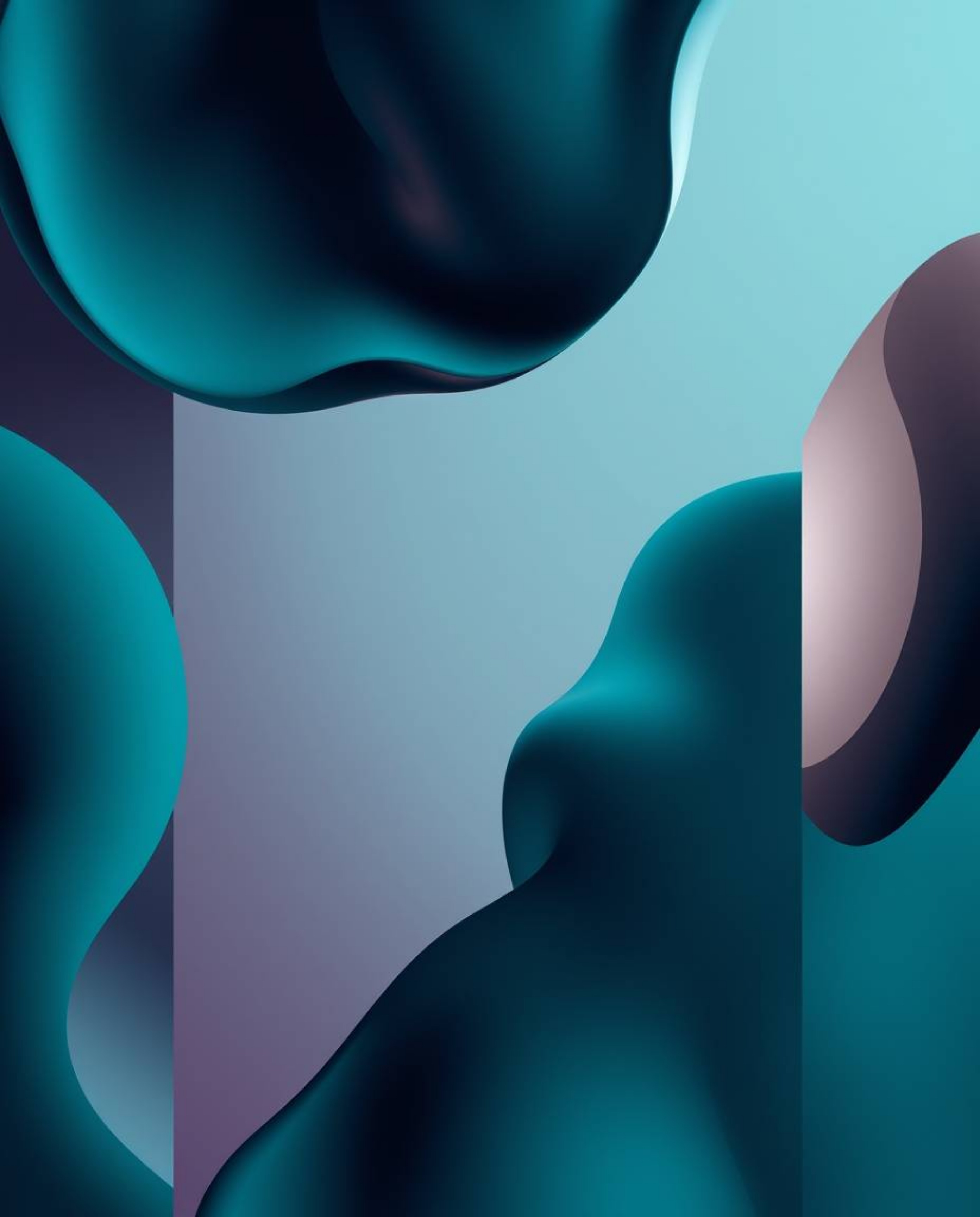 A luxurious and vibrant abstract composition featuring rich, deep teal 3D fluid shapes interacting dynamically with geometric