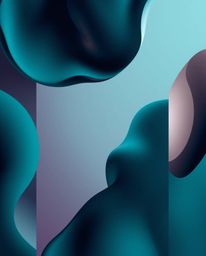 A luxurious and vibrant abstract composition featuring rich, deep teal 3D fluid shapes interacting dynamically with geometric