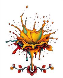 This captivating traditional tattoo art print showcases a vibrant paint splash suspended in mid-air, meticulously rendered in