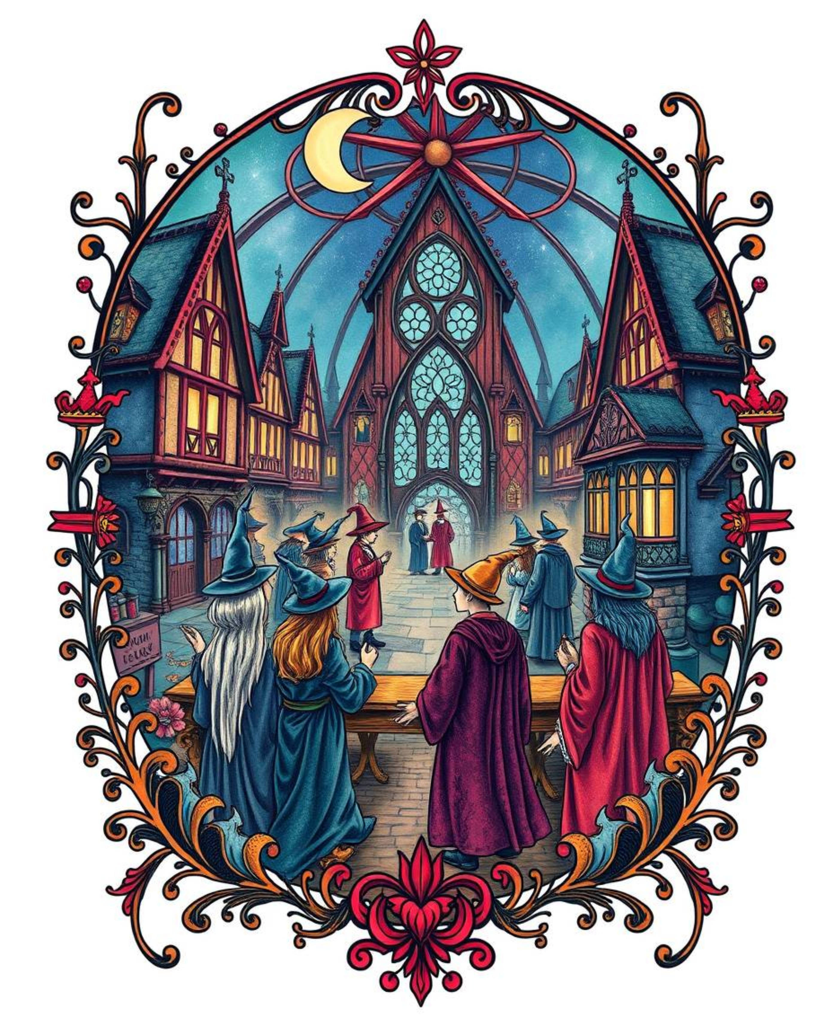 This symbolic traditional tattoo art print captures a magical school teeming with young wizards, set against a mystic and enc