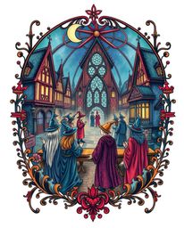 This symbolic traditional tattoo art print captures a magical school teeming with young wizards, set against a mystic and enc