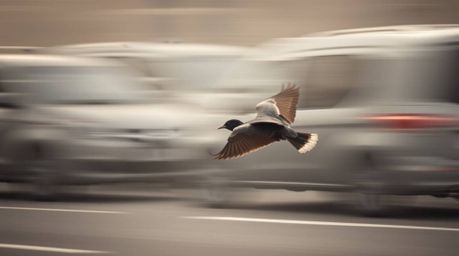 A fast-running bird, captured in a soft, low-contrast image with blurred wings, zooms past congested traffic. This image evok
