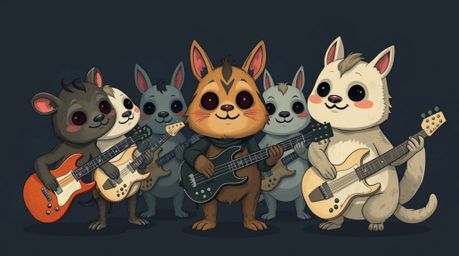 A creepy and unsettling depiction of a cartoon animal rock band, rendered in soft pastel colors and dark tones to create an e