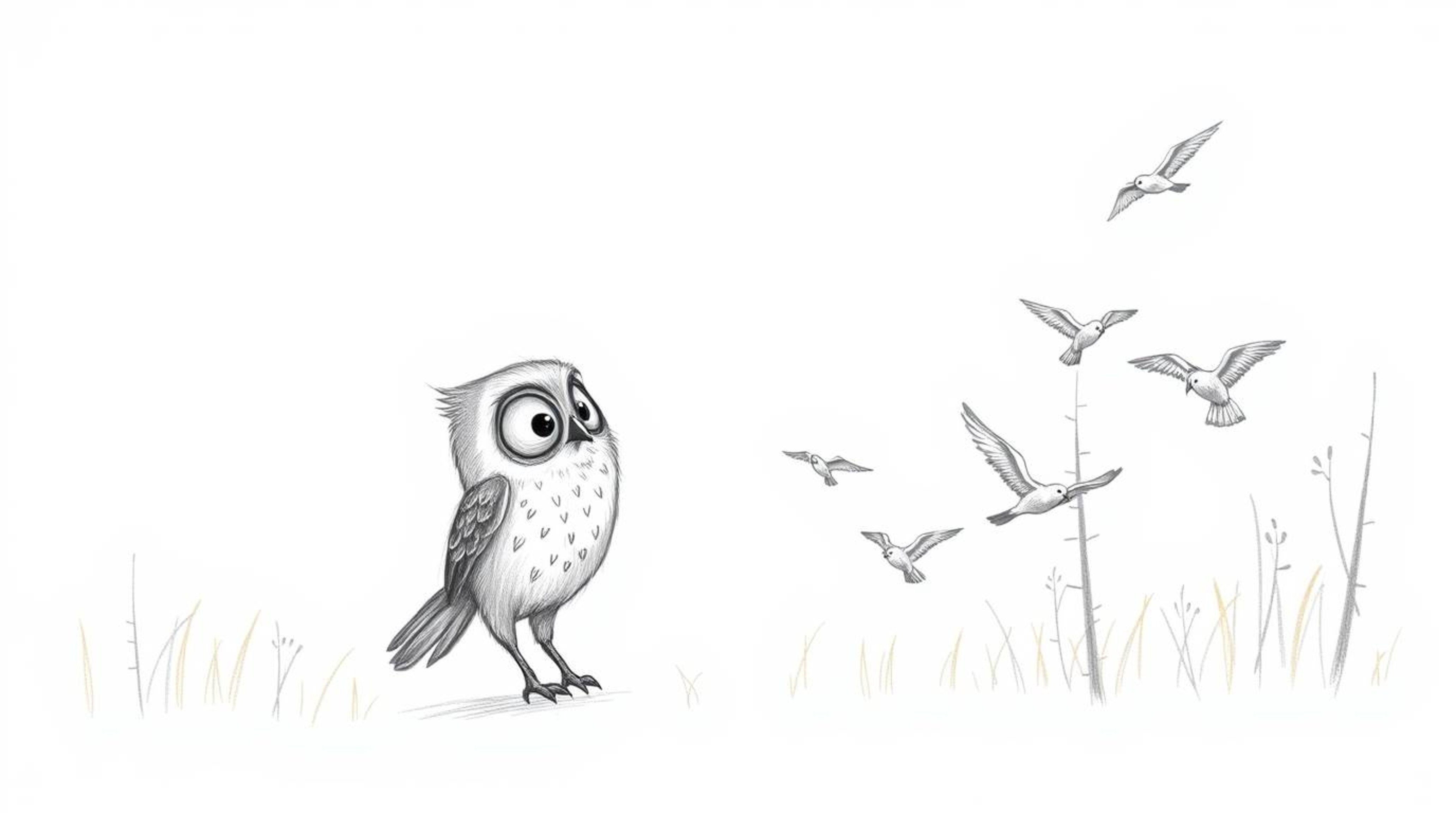 A heartwarming hand-drawn sketch in the style of Pixar depicts a wise, blind owl patiently guiding a flock of small birds in 