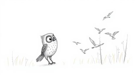 A heartwarming hand-drawn sketch in the style of Pixar depicts a wise, blind owl patiently guiding a flock of small birds in 