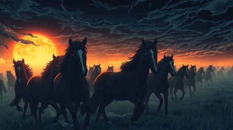 Explore a captivating isekai anime-style illustration depicting a herd of wild horses galloping beneath an eerie, glowing sky