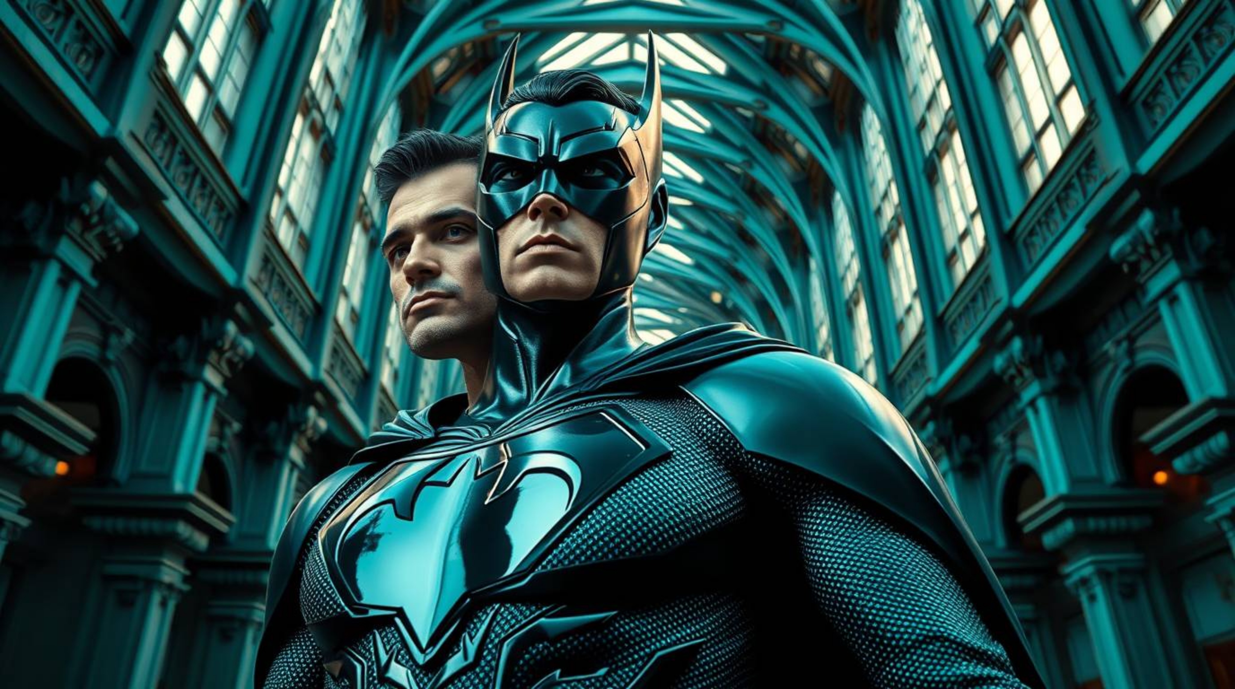 A captivating photograph depicts a superhero and villain locked in battle, set against a rich teal architectural backdrop.  T