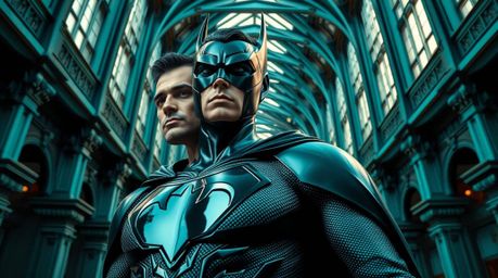 A captivating photograph depicts a superhero and villain locked in battle, set against a rich teal architectural backdrop.  T