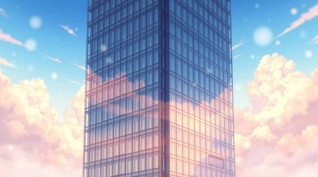 This Isekai anime-style illustration depicts a modern glass building seamlessly dissolving into a soft, cloudy sky, beautiful