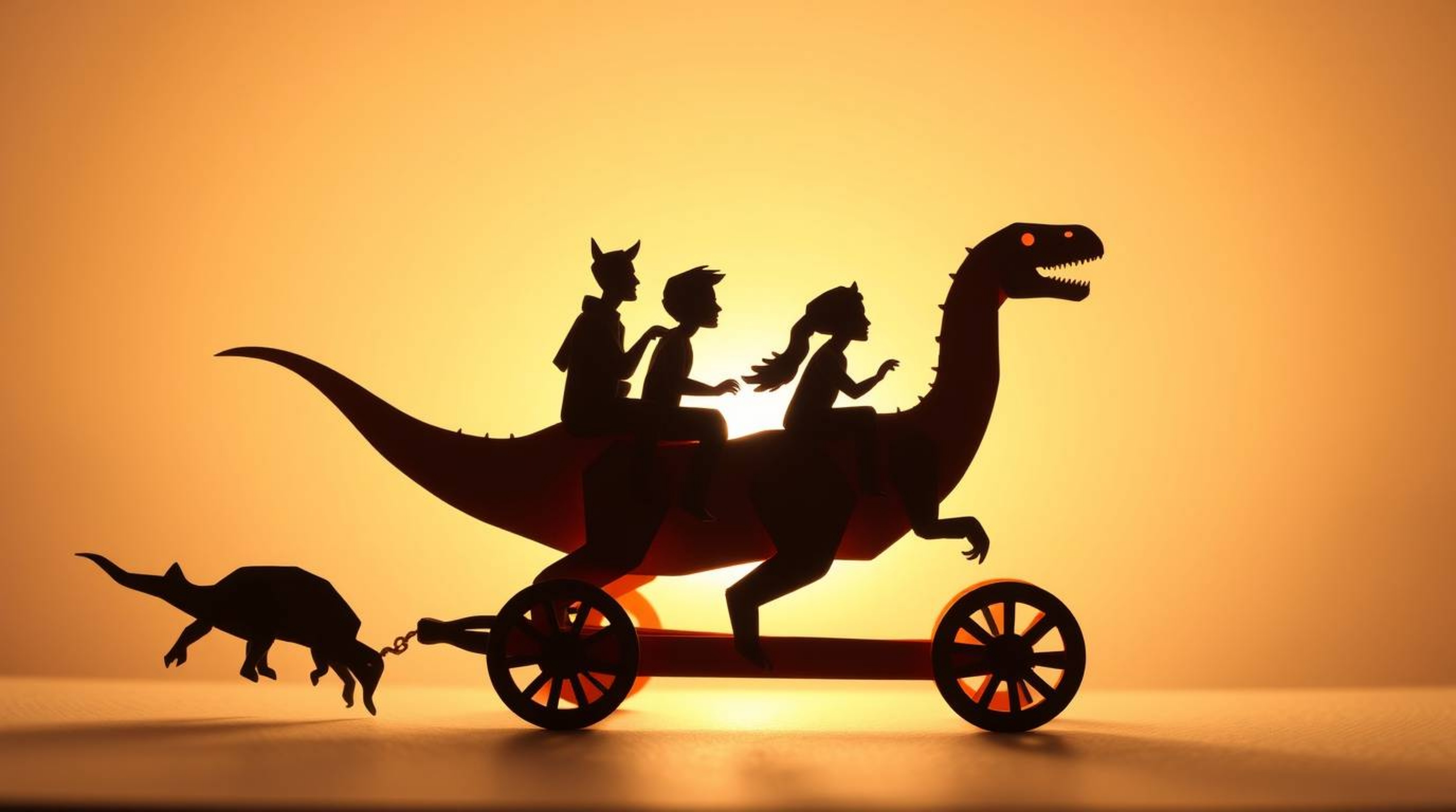 This intricate origami-style artwork features a prehistoric family riding a dinosaur car, presented in a striking silhouette