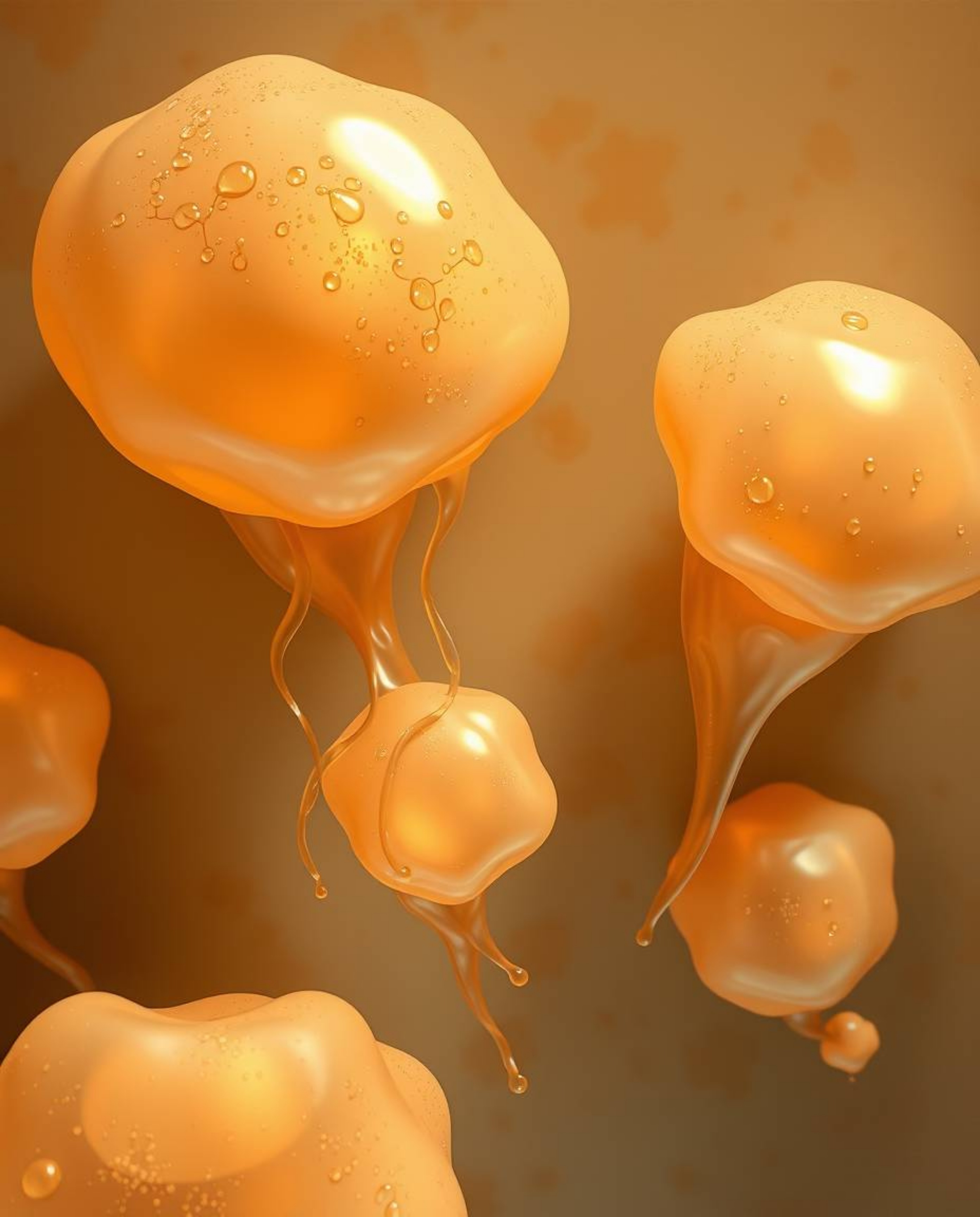 This artwork features a captivating blend of natural earth tones and mesmerizing bioluminescent colors. Floating 3D blobs of 