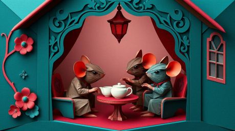 Immerse yourself in a rich, deep teal world where intricate origami comes to life. This scene depicts anthropomorphic mice en