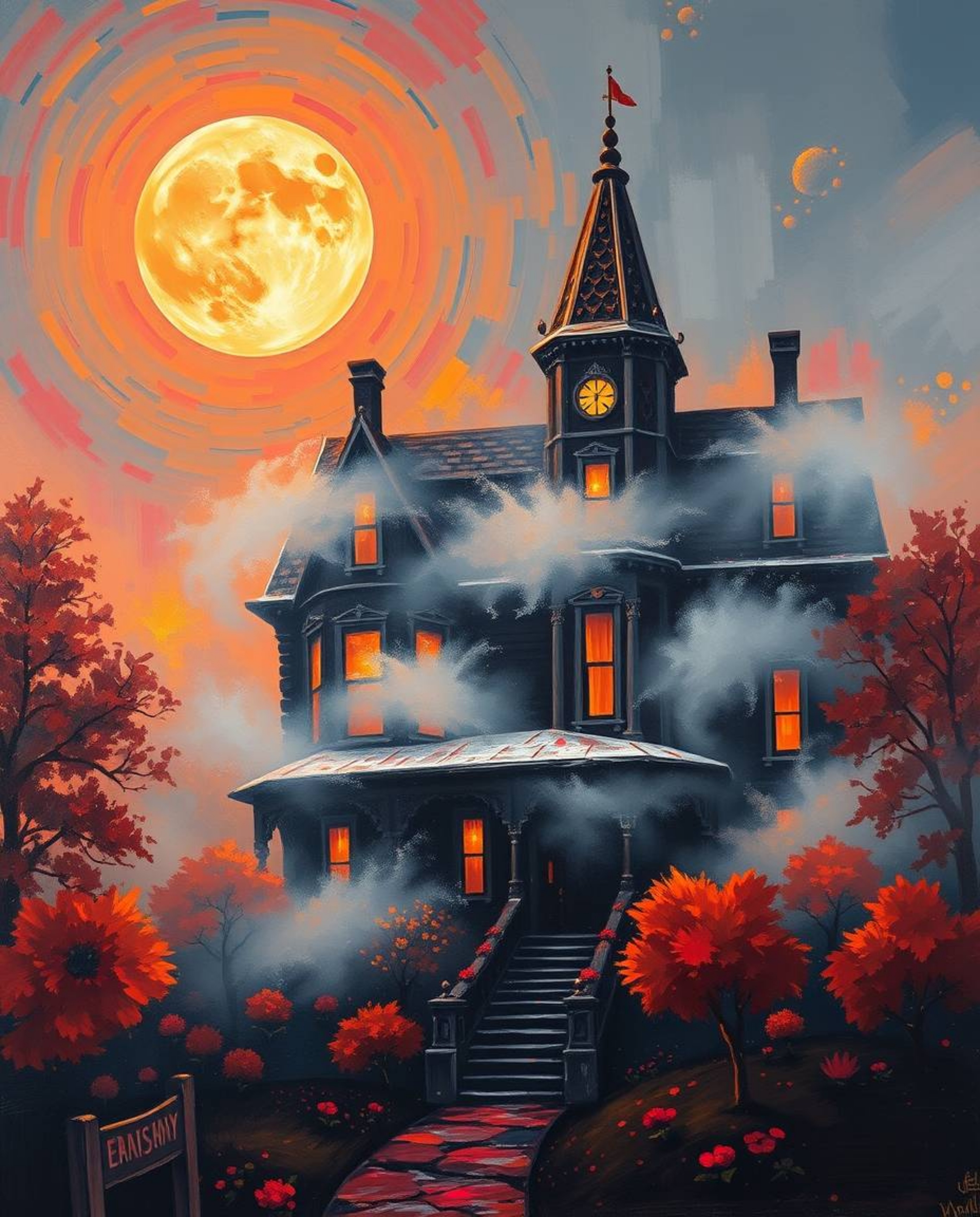 A captivating acrylic painting depicting a fog-laden Victorian mansion bathed in the soft glow of the moonlight. The artwork 