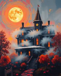 A captivating acrylic painting depicting a fog-laden Victorian mansion bathed in the soft glow of the moonlight. The artwork 