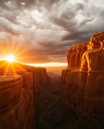 A warm, golden, and dramatic cinematic sunset bathes sandstone cliffs in a canyon with radiant light. The scene is intensifie