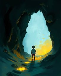 A dynamic digital sketch depicts a creepy, misty atmosphere where a child follows glowing footsteps into a dark, textured cav