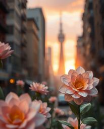 Explore a captivating scene where soft, warm golden hour light paints a blurred bokeh effect on layered papier-mâché flowers 